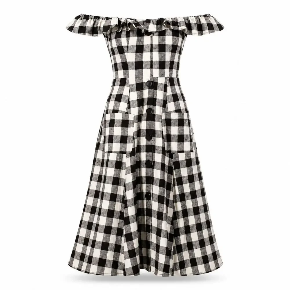 Reformation Hattie Linen Midi Dress Gingham Black White Size 6 Off the Shoulder - Picture 2 of 11